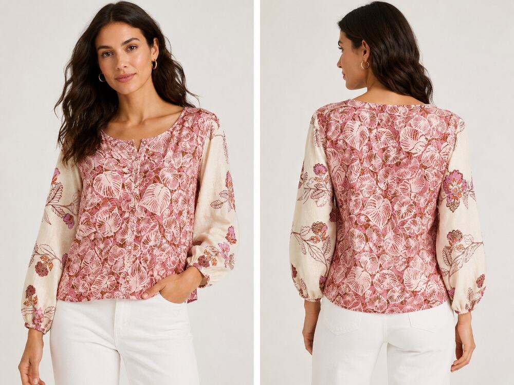 Tahari Pink Tropical Floral Linen Blouse Balloon Sleeve Button Front Medium